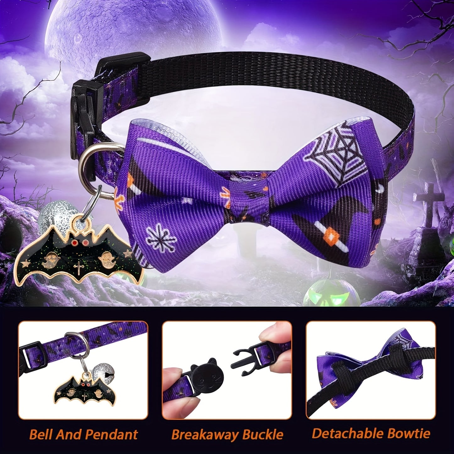 4-Pack Halloween Pet Collars with Detachable Bow Tie and Bell Pendant