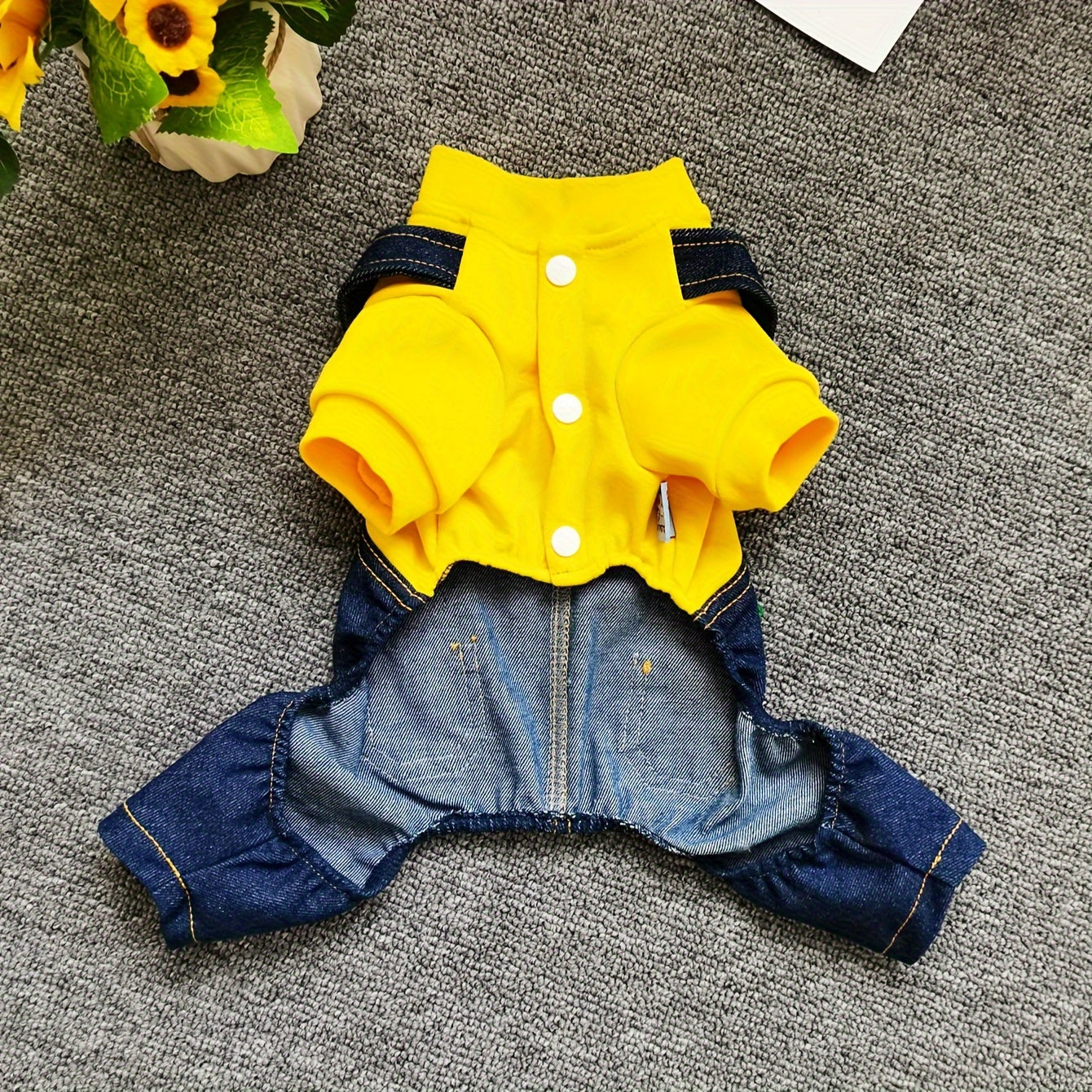 Yellow Hoodie with Bear Emblem and Denim Overalls