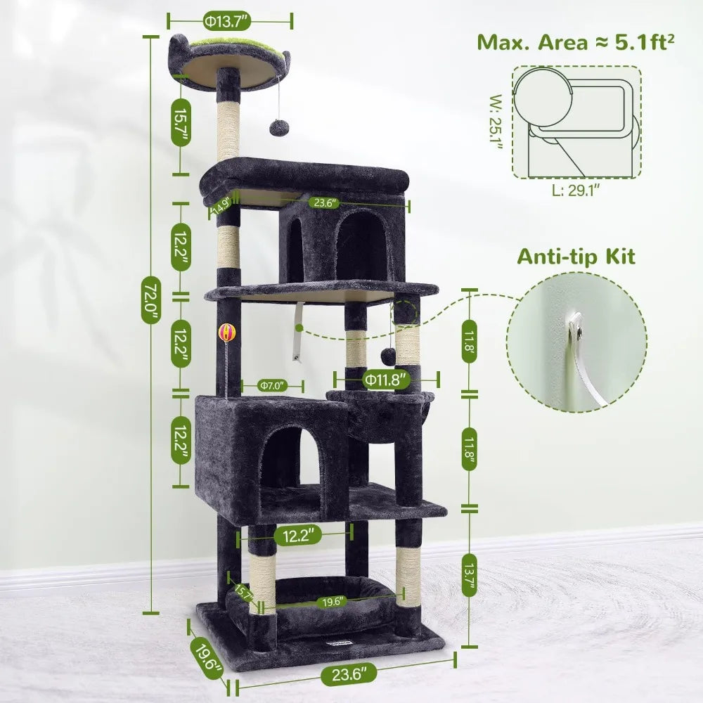 Cat Tree 72in for Large Cats 20 Lbs+