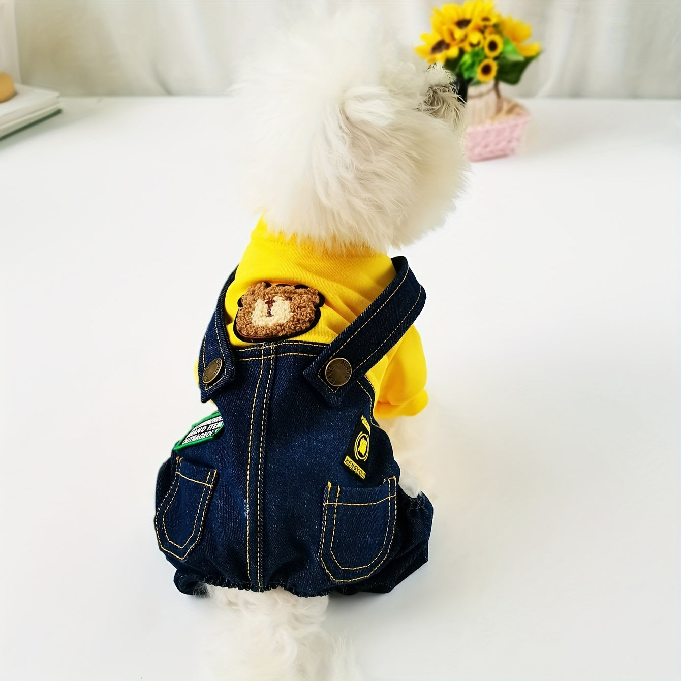 Yellow Hoodie with Bear Emblem and Denim Overalls