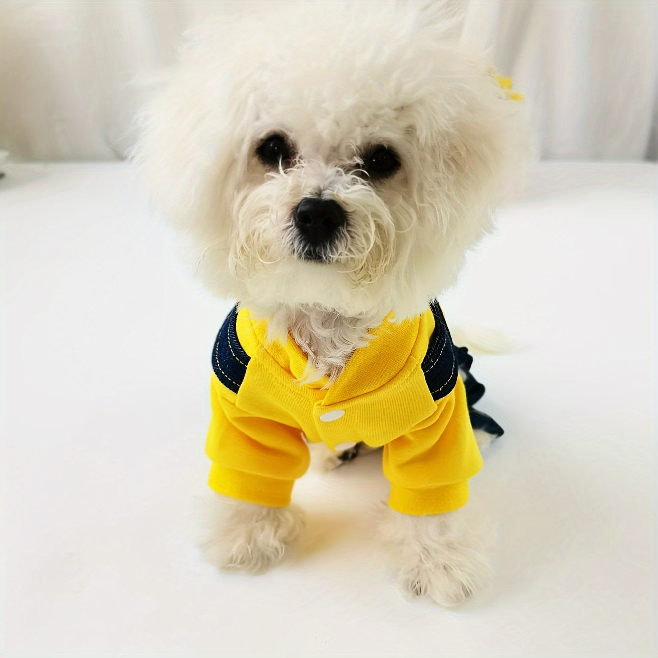 Yellow Hoodie with Bear Emblem and Denim Overalls
