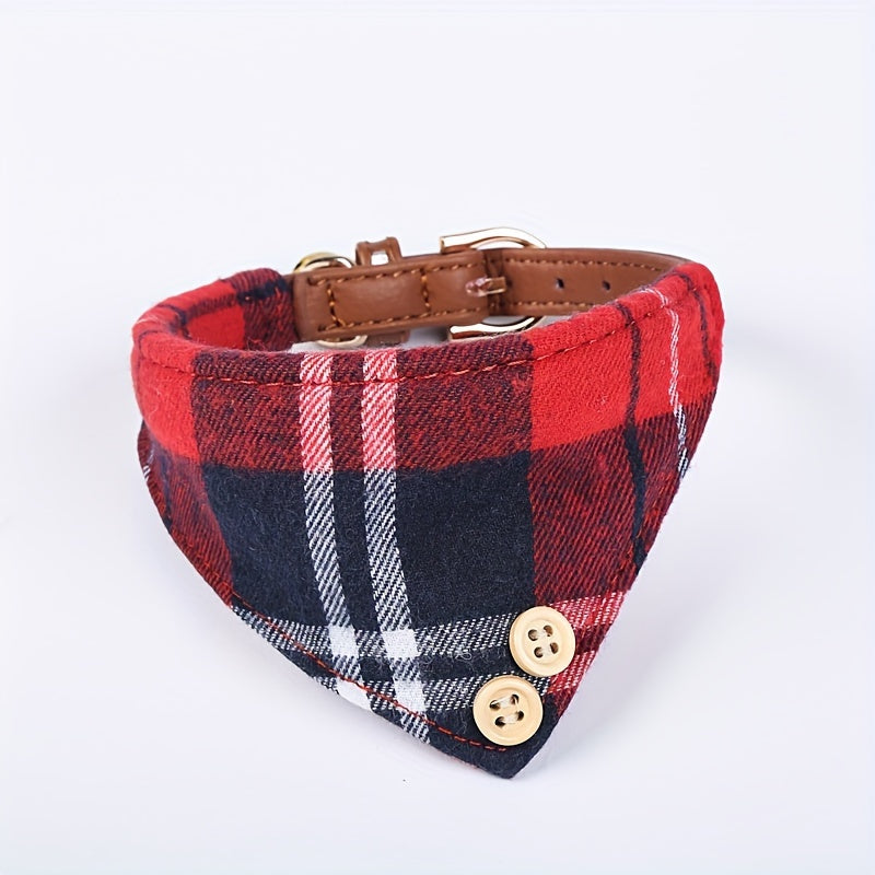 Plaid Leather Dog Collar Set with Bandana and Bowtie\