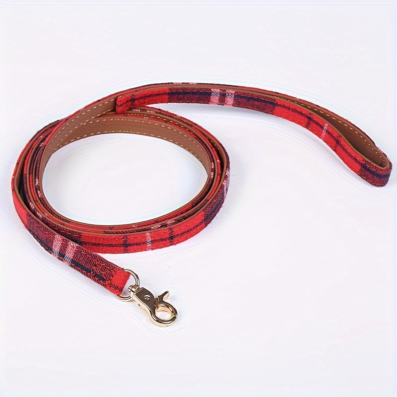 Plaid Leather Dog Collar Set with Bandana and Bowtie\