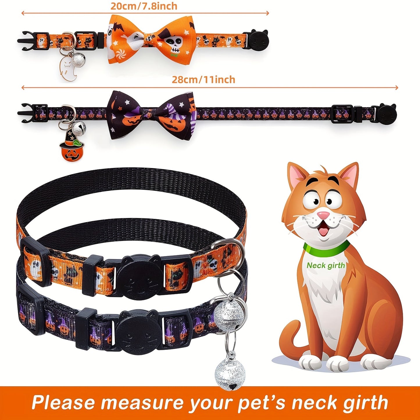 4-Pack Halloween Pet Collars with Detachable Bow Tie and Bell Pendant