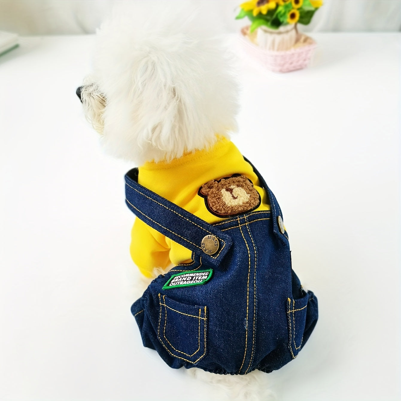 Yellow Hoodie with Bear Emblem and Denim Overalls