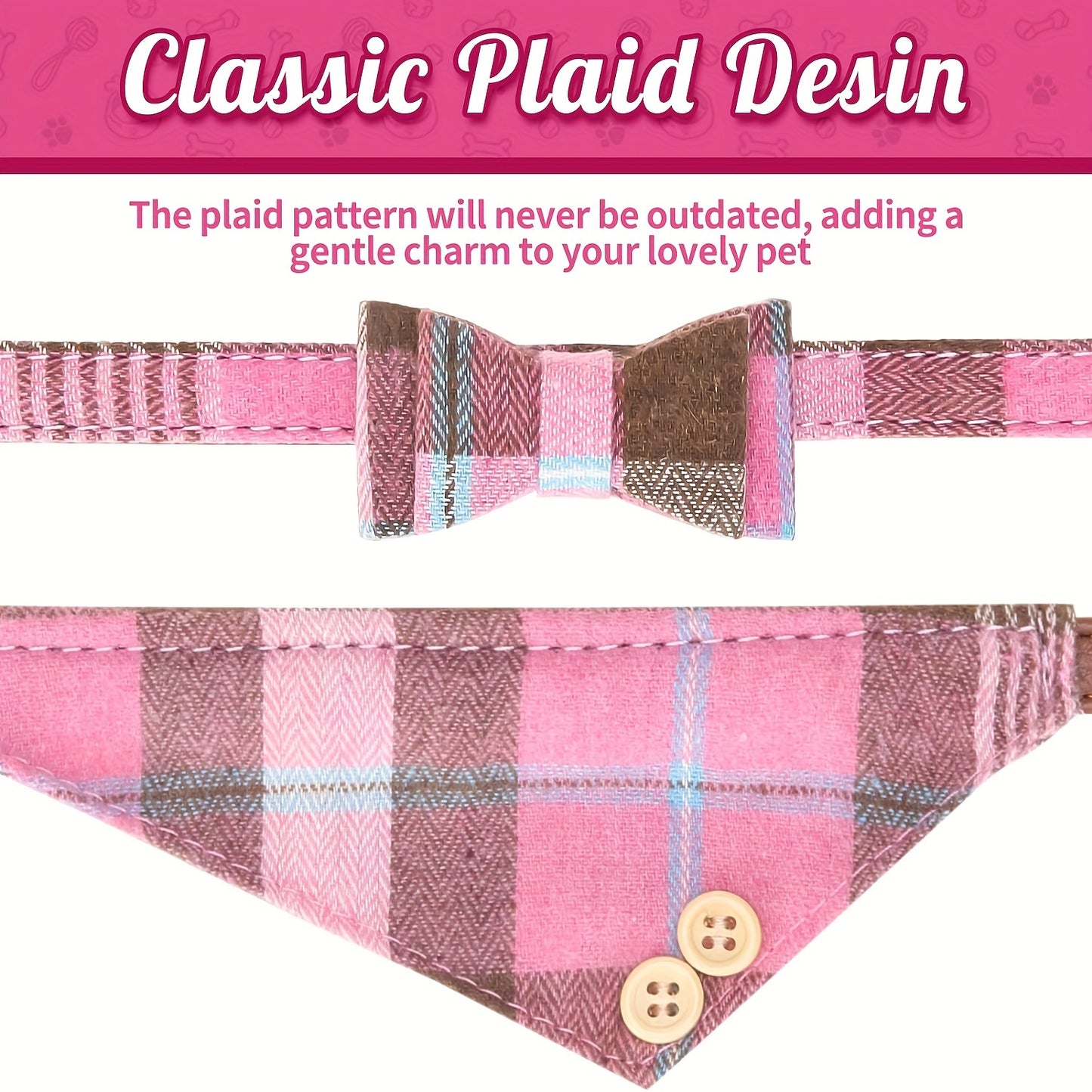 Plaid Leather Dog Collar Set with Bandana and Bowtie\