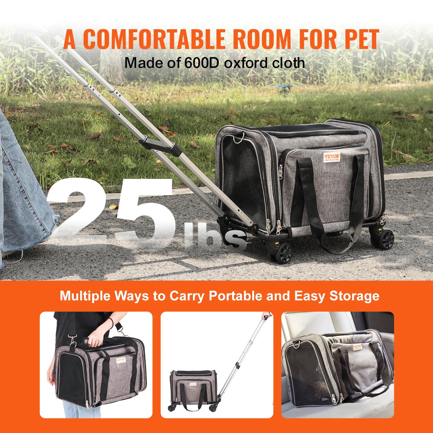 Pet Cat Carrier with Telescopic Handle Wheels and Shoulder Strap