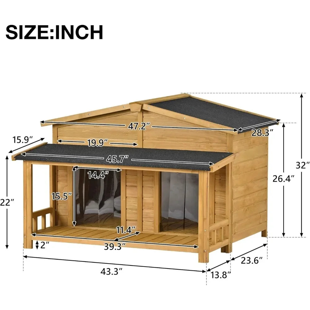 47" Outdoor Wooden Dog House with Porch, Asphalt Roof,