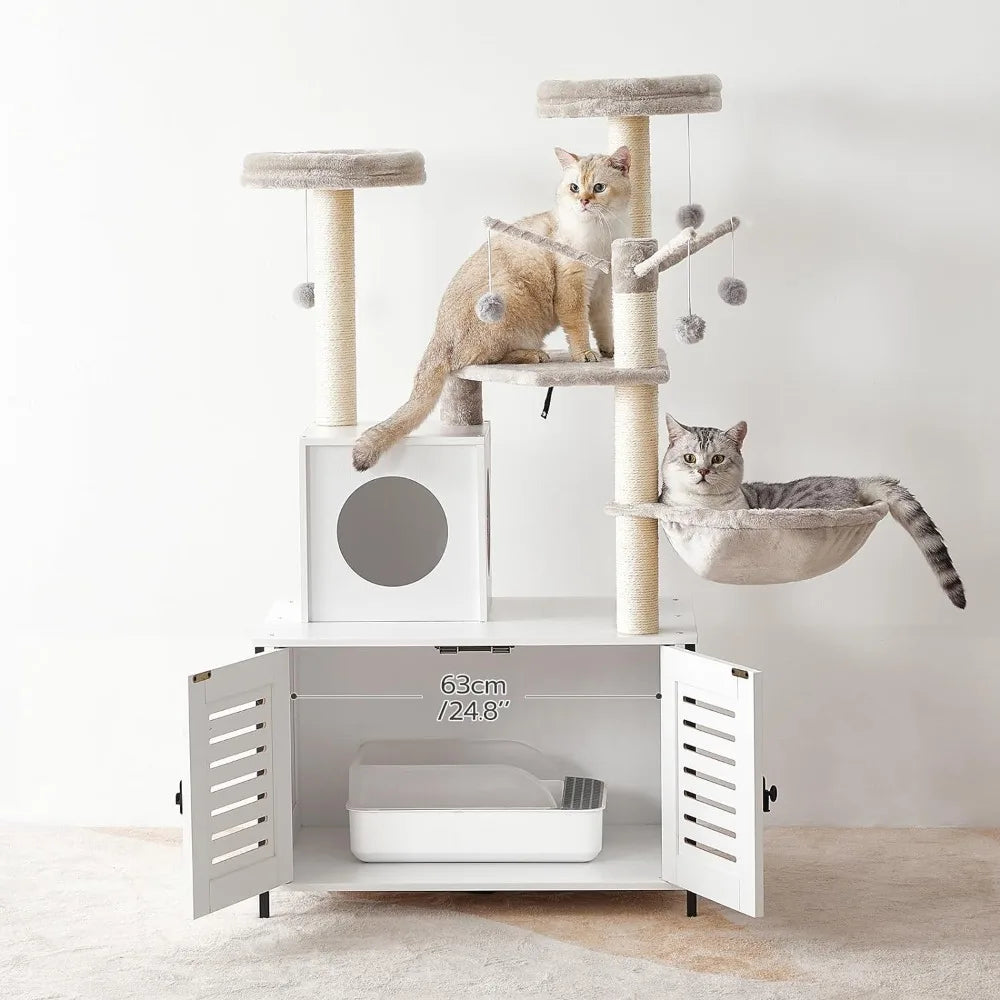 All-in-One Wooden Cat House Condo With Cat Hammock Tree