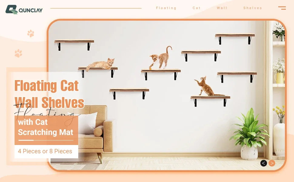 8 Piece Floating Cat Wall Shelf Indoor With Wooden Cat Scratch Pad