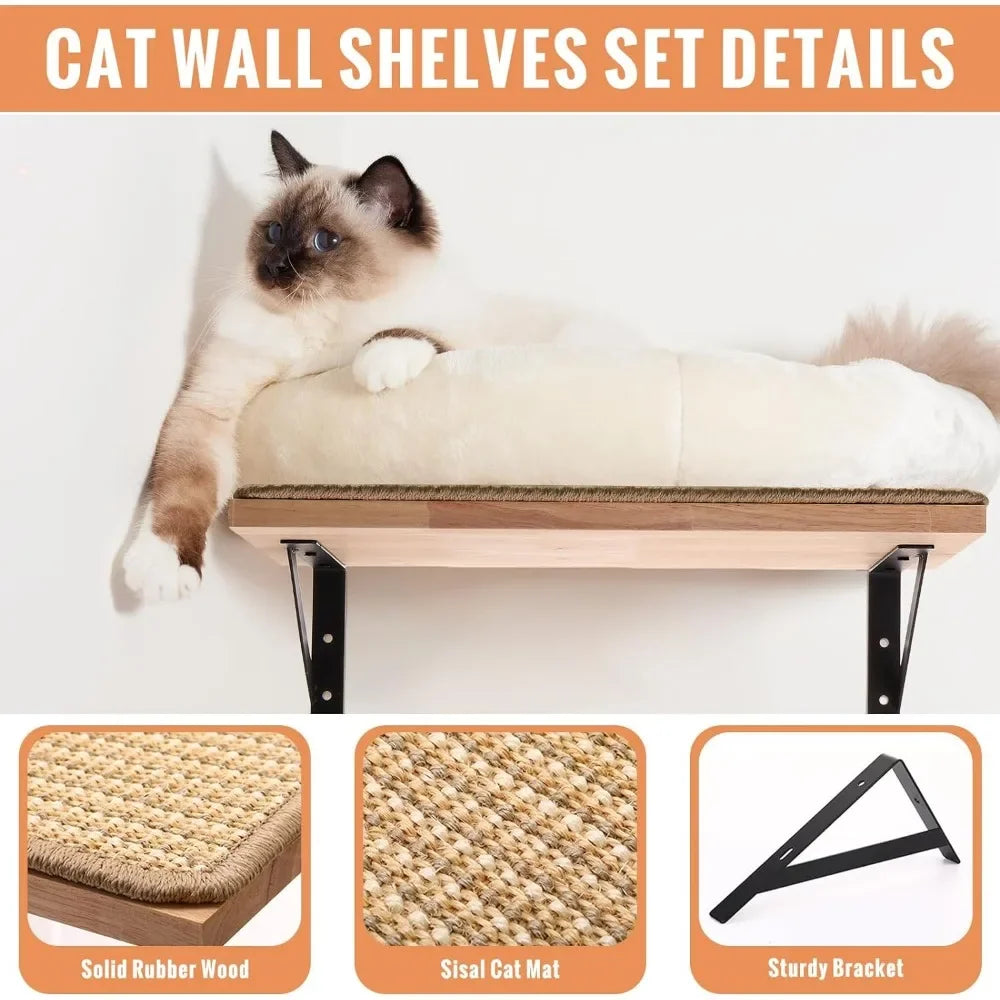 8 Piece Floating Cat Wall Shelf Indoor With Wooden Cat Scratch Pad