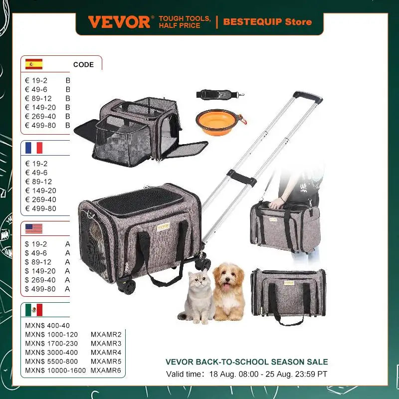 Pet Cat Carrier with Telescopic Handle Wheels and Shoulder Strap