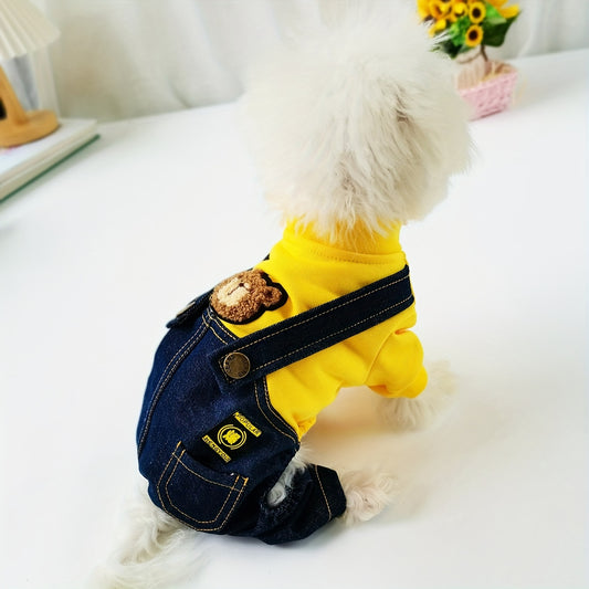 Yellow Hoodie with Bear Emblem and Denim Overalls